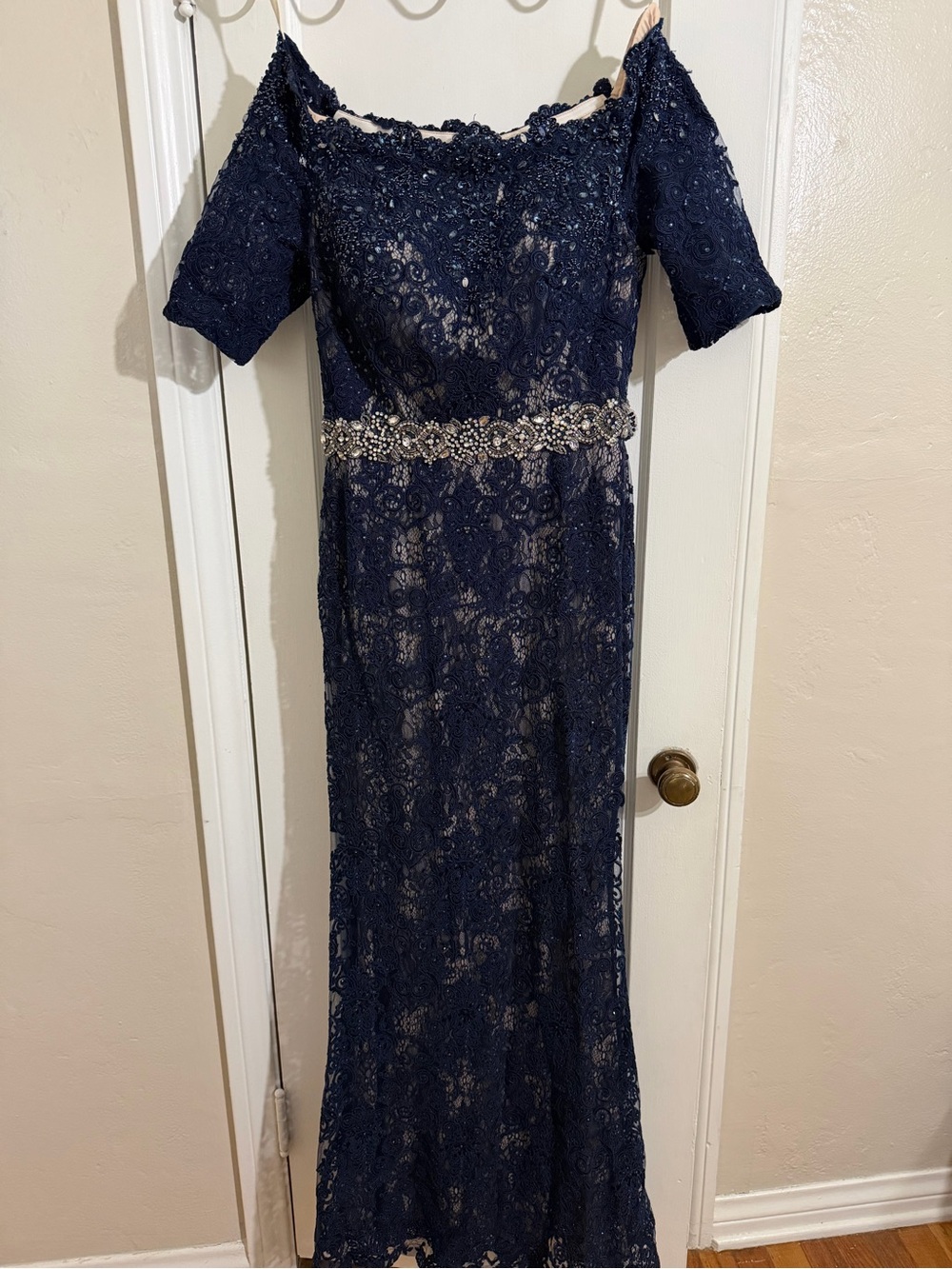 Jovani Navy Lace Off-Shoulder Maxi Dress with Beaded Waist Accent